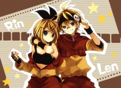 Rule 34 | 1boy, 1girl, :q, adjusting clothes, adjusting headwear, ahoge, anzu (o6v6o), arm around shoulder, bandaid, bandaid on cheek, bandaid on face, bandaid on nose, black eyes, black gloves, black ribbon, black sports bra, blonde hair, brass knuckles, breast pocket, brother and sister, brown jacket, character name, clenched hand, commentary request, fingerless gloves, gloves, hair between eyes, hair ornament, hair ribbon, hairpin, headband, jacket, kagamine len, kagamine rin, long sleeves, looking at viewer, off shoulder, outline, pocket, ribbon, short hair, siblings, skull print, sleeves pushed up, sports bra, star (symbol), sweatband, tongue, tongue out, twins, v-shaped eyebrows, vocaloid, weapon, white outline, wristband
