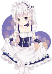 Rule 34 | 1girl, absurdres, aged down, apron, apron lift, azur lane, bad id, bad pixiv id, belfast (azur lane), blue eyes, braid, clothes lift, corset, curtsey, dress, dress lift, gloves, highres, lifting own clothes, little bel (azur lane), long hair, maid, maid headdress, pantyhose, side ponytail, silver hair, smile, solo, waist apron, white gloves, white pantyhose