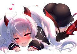 Rule 34 | 1girl, all fours, ass, bat wings, black dress, black thighhighs, blush, boots, demon girl, demon tail, dress, grim aloe, heart, horns, knee boots, long hair, quiz magic academy, quiz magic academy the world evolve, red eyes, red footwear, sakurayume kome, smile, solo, tail, thighhighs, top-down bottom-up, twintails, white hair, wings