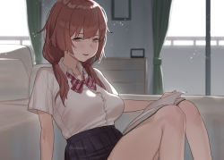 Rule 34 | 1girl, black skirt, blush, book, bow, breasts, brown eyes, brown hair, collared shirt, commentary request, curtains, diagonal stripes, dress shirt, eyebrows hidden by hair, feet out of frame, hair over shoulder, indoors, knees up, long hair, looking at viewer, low twintails, medium breasts, open book, original, pleated skirt, red bow, school uniform, shirt, short sleeves, skirt, solo, striped, striped bow, subachi, twintails, white shirt, window