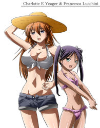 Rule 34 | 2girls, bikini, black hair, blue eyes, breasts, charlotte e. yeager, cleavage, denim, denim shorts, fang, francesca lucchini, frilled bikini, frills, front-tie top, green eyes, groin, hair ribbon, hand on own hip, hat, hip focus, large breasts, long hair, multiple girls, open mouth, orange hair, ribbon, short shorts, shorts, size difference, small breasts, smile, steed (steed enterprise), straw hat, strike witches, swimsuit, twintails, unbuttoned, world witches series