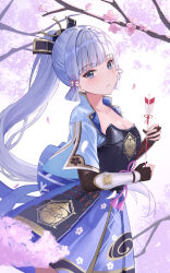 Rule 34 | 1girl, armor, arrow (projectile), ayaka (genshin impact), blue eyes, blunt bangs, breastplate, breasts, cherry blossoms, cleavage, falling petals, faulds, fingerless gloves, floating hair, floral print, genshin impact, gloves, hair ornament, hair ribbon, high ponytail, highres, holding, holding arrow, i ruru, japanese armor, japanese clothes, long hair, medium breasts, parted lips, petals, ribbon, sidelocks, skirt, solo, tress ribbon, vambraces, very long hair, white hair