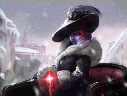 Rule 34 | 1girl, carriage, coat, colored skin, concealed weapon, feelth, fine art parody, fur collar, fur trim, gun, hat, highres, lens flare, lips, looking at viewer, monocle, nose, overwatch, overwatch 1, parody, portrait of an unknown woman (ivan kramskoy), purple hair, purple skin, rifle, russian clothes, sitting, sniper rifle, snow, solo, weapon, widowmaker (overwatch), winter clothes, winter coat