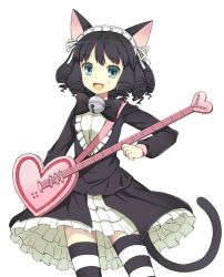 Rule 34 | 10s, 1girl, :d, animal ears, bad id, bad pixiv id, bell, black hair, cat ears, cat tail, curly hair, cyan (show by rock!!), dress, frilled dress, frilled skirt, frills, guitar, heart guitar, ikura hato, instrument, jingle bell, open mouth, show by rock!!, skirt, smile, strawberry heart (show by rock!!), striped clothes, striped thighhighs, tail, thighhighs