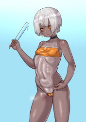 Rule 34 | 1girl, absurdres, armpits, bare shoulders, blue background, blush, breasts, cameltoe, cleft of venus, dark-skinned female, dark skin, ebonyxh, eyes visible through hair, food, food on clothes, freckles, gris swimsuit, halterneck, highres, looking down, meme attire, nail polish, navel, one-piece swimsuit, open mouth, popsicle, punishing: gray raven, see-through, see-through one-piece swimsuit, shiny skin, short hair, silver hair, simple background, small breasts, solo, sophia (punishing: gray raven), standing, sweat, swimsuit, yellow eyes, yellow nails