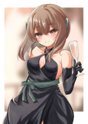 Rule 34 | 1girl, alternate costume, black dress, black gloves, blush, brown eyes, brown hair, closed mouth, collarbone, cup, dress, elbow gloves, gloves, hair between eyes, headgear, highres, holding, holding cup, kantai collection, kasashi (kasasi008), looking at viewer, short hair, smile, solo, taihou (kancolle)