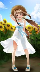 Rule 34 | 1girl, :d, aged down, arm behind back, arm up, blue ribbon, blue sky, brown eyes, brown hair, cloud, collarbone, day, doukyuusei another world, dress, field, floating hair, flower, flower field, full body, game cg, hair intakes, hat, kakyuusei 2, long hair, looking at viewer, official art, open mouth, outdoors, ponytail, ribbon, saimon tamaki, sandals, see-through, sky, sleeveless, sleeveless dress, smile, solo, standing, straw hat, sun hat, sundress, sunflower, sunflower field, very long hair, white dress, white ribbon, yellow flower