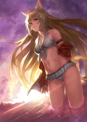 Rule 34 | 1girl, ahoge, animal ears, armband, atalanta (fate), atalanta (twilight memory) (fate), bikini, braid, breasts, brown hair, cat ears, cat tail, cloud, cloudy sky, commentary request, dutch angle, fate/grand order, fate (series), french braid, frilled bikini, frills, gradient hair, green eyes, hair between eyes, highres, jacket, unworn jacket, lighthouse, long hair, medium breasts, mountainous horizon, multicolored hair, navel, peperon (peperou), purple sky, red jacket, sky, smile, solo, swimsuit, tail, two-tone hair, wading, water