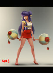 Rule 34 | 1girl, alternate costume, bangle, bare arms, bare legs, bell, belt, blush, border, bow, bracelet, breasts, brooch, casual, china dress, chinese clothes, chui, chui (weapon), closed mouth, collarbone, commentary request, concept art, contemporary, curvy, dated, double bun, dress, dual wielding, english text, eyelashes, eyeshadow, female focus, full body, grey background, hair bell, hair bobbles, hair bow, hair bun, hair ornament, hair over shoulder, hair ribbon, hair tie, hairband, head, head tilt, heels, high heels, highres, holding, holding weapon, japanese text, jewelry, large breasts, legs, light blush, lips, long hair, looking away, looking to the side, mace, makeup, miniskirt, no socks, perky breasts, purple hair, ranma 1/2, red eyes, red footwear, red skirt, ribbon, shadow, shampoo (ranma 1/2), shirt, shoes, short sleeves, side slit, sidelocks, signature, simple background, skirt, sleeveless, smile, smiley face, solo, standing, taut clothes, thighs, very long hair, watermark, weapon, web address, white shirt, yellow bow, zeablast