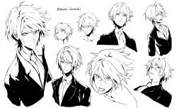 Rule 34 | 1boy, ahoge, bad id, bad twitter id, closed mouth, collarbone, formal, grey background, greyscale, hair between eyes, highres, legacy zechs, looking at viewer, male focus, monochrome, multiple views, necktie, no pupils, open mouth, original, simple background, suit, surprised, sweat, teeth, twitter username, upper body, v-shaped eyebrows