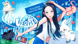 Rule 34 | 1girl, animification, black hair, blue eyes, blue pants, breasts, cat, character name, clip studio paint (medium), commentary, copyright name, dancing, english commentary, haerin (newjeans), hair behind ear, heart, highres, k-pop, leaning to the side, long hair, looking at viewer, making-of available, medium breasts, newjeans, open hands, pants, parted hair, rabbit, real life, roller skates, skates, solo, song name, sweatpants, tank top, very long hair, white tank top, yeoneotail