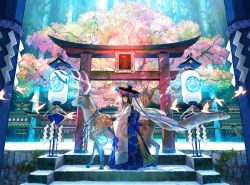 Rule 34 | 1girl, animal, architecture, bird, black hair, black headwear, blue eyes, blue flower, building, cherry blossoms, commentary request, day, deer, east asian architecture, flower, fuzichoco, holding, lantern, long hair, long sleeves, looking at viewer, original, outdoors, paper lantern, pink flower, rope, rose, shide, solo, standing, torii, tree, wide shot, wide sleeves