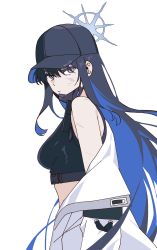 Rule 34 | 1girl, absurdres, bare shoulders, baseball cap, black hair, black hat, black mask, blanchat, blue archive, blue hair, breasts, buckle, closed mouth, coat, colored inner hair, crop top, cuts, grey eyes, hair between eyes, halo, hat, highres, injury, long hair, looking at viewer, mask, mask pull, medium breasts, mouth mask, multicolored hair, open clothes, open coat, saori (blue archive), sidelocks, simple background, snap-fit buckle, solo, very long hair, white background, white coat