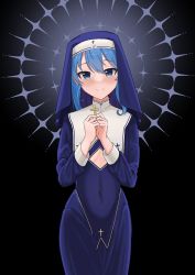 Rule 34 | 1girl, absurdres, blue eyes, blue hair, breasts, comet, commentary, cross, cutout above navel, dress, habit, hair between eyes, highres, hololive, hoshimachi suisei, kuon bb, long hair, long sleeves, looking at viewer, medium hair, navel, nun, small breasts, smile, solo, star (symbol), star in eye, symbol in eye, virtual youtuber