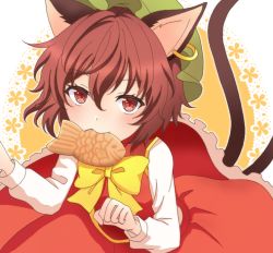 Rule 34 | 1girl, animal ears, blush, bow, bowtie, brown hair, cat ears, cat tail, chen, commentary request, cookie, dress, earrings, flat chest, food, hair between eyes, jewelry, long sleeves, looking at viewer, mouth hold, multiple tails, nekomata, oni tama, petticoat, red dress, red eyes, short hair, simple background, single earring, solo, tail, touhou, two-tone background, two tails, upper body, white background, yellow background, yellow bow, yellow bowtie