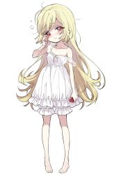 Rule 34 | 1girl, barefoot, blonde hair, blood, blood bag, blush, breasts, closed mouth, collarbone, dress, ecute, highres, jashin-chan dropkick, long hair, nightgown, red eyes, simple background, single bare shoulder, sleepy, small breasts, solo, white background, white dress, yukiwo