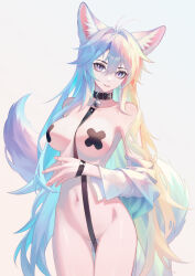 Rule 34 | 1girl, absurdres, animal ear fluff, animal ears, blonde hair, blue hair, breasts, commentary request, fox ears, gradient background, green hair, grey background, highres, kirby d a, long hair, looking at viewer, medium breasts, multicolored hair, original, pasties, revision, smile, solo, tail, thighs, very long hair, white hair