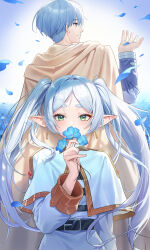 Rule 34 | 1boy, 1girl, absurdres, belt, black belt, blue flower, blue hair, brown cape, cape, capelet, closed mouth, commentary request, dress, elf, falling petals, flower, frieren, green eyes, grey hair, guegue, hand up, highres, himmel (sousou no frieren), holding, holding flower, long hair, long sleeves, looking at viewer, petals, pointy ears, short eyebrows, short hair, smile, sousou no frieren, thick eyebrows, twintails, upper body, white capelet, white dress