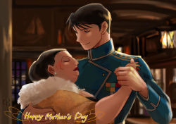 Rule 34 | 1boy, 1girl, age difference, amestris military uniform, artist name, aunt and nephew, backlighting, bar (place), black hair, blue jacket, blurry, blurry background, breasts, buttons, cheekbones, cleavage, closed eyes, closed mouth, coat, collared jacket, counter, dancing, double-breasted, earrings, fingernails, fullmetal alchemist, fur-trimmed coat, fur trim, hair bun, hand on another&#039;s back, happy, height difference, highres, holding hands, indoors, jacket, jewelry, lamp, lens flare, light, light smile, lipstick, long fingers, madam christmas, makeup, military, military jacket, military uniform, mother&#039;s day, nail polish, necklace, night, old, old woman, pearl earrings, pearl necklace, profile, red lips, red nails, roy mustang, silver trim, single hair bun, spiked hair, swept bangs, uniform, urikurage, window, yellow coat