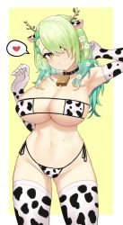 Rule 34 | 1girl, absurdres, animal print, antlers, armpits, bell, bikini, blush, breasts, ceres fauna, cleavage, cow print, cow print bikini, elbow gloves, flower, gloves, green hair, hair flower, hair ornament, heart, highres, hololive, hololive english, horns, long hair, looking at viewer, moursho, navel, neck bell, print bikini, smile, solo, spoken heart, swimsuit, thighhighs, virtual youtuber, yellow eyes