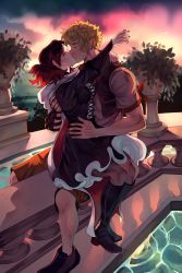 Rule 34 | 1boy, 1girl, blonde hair, commission, commissioner upload, highres, kiss, muscular, muscular arms, muscular male, pricklyalpaca, red hair, rwby, summer rose, taiyang xiao long, water