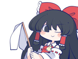 Rule 34 | 1girl, ascot, bare shoulders, black hair, blush, bow, chahan (fried rice0614), chibi, collared shirt, detached sleeves, frilled bow, frilled hair tubes, frilled shirt collar, frills, gohei, hair bow, hair tubes, hakurei reimu, holding, holding gohei, long hair, looking at viewer, one eye closed, red bow, red ribbon, red shirt, ribbon, ribbon-trimmed sleeves, ribbon trim, shirt, sidelocks, simple background, smile, solo, touhou, upper body, very long hair, white background, yellow ascot