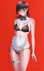 Rule 34 | 1girl, absurdres, apron, black bow, black bowtie, black bra, black hair, black panties, bow, bowtie, bra, breasts, chainsaw man, collar, cross scar, detached collar, facial scar, frilled apron, frilled collar, frills, highres, kkairaaa, legband, long hair, looking at viewer, low twintails, medium breasts, panties, red background, ringed eyes, scar, scar on cheek, scar on face, side-tie panties, simple background, smile, solo, twintails, twitter username, underwear, waist apron, white apron, yellow eyes, yoru (chainsaw man)