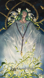 1other absurdres androgynous chain chinese_commentary closed_eyes closed_mouth collarbone commentary_request copyright_name enkidu_(fate) enkidu_(weapon)_(fate) fate/grand_order fate_(series) flower green_hair highres lily_(flower) long_hair night night_sky robe sky star_(sky) white_flower white_robe xiao-yang