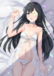 Rule 34 | 1girl, absurdres, bare shoulders, bed sheet, black hair, blue eyes, blush, breasts, choker, cleavage, collarbone, cowboy shot, flower, flower over eye, hand up, highres, lingerie, long hair, looking at viewer, lying, meri-san, navel, negligee, off shoulder, on back, panties, parted lips, ribbon choker, see-through, small breasts, solo, stomach, thigh gap, underwear, underwear only, white choker, white panties, yahari ore no seishun lovecome wa machigatteiru., yukinoshita yukino
