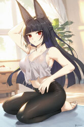 Rule 34 | 1girl, :o, animal ears, arm up, bare arms, bare shoulders, barefoot, black hair, black pants, blunt bangs, breasts, cleavage, commentary request, crop top, crop top overhang, fox ears, grey tank top, highres, hoshimi miyabi, indoors, large breasts, leggings, linreplica, long hair, looking at viewer, midriff, navel, pants, parted lips, red eyes, seiza, sitting, solo, stomach, tank top, very long hair, zenless zone zero