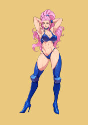 Rule 34 | 1girl, abs, absurdres, armpits, arms behind head, arms up, blue footwear, blue legwear, capcom, captain commando, carol (captain commando), cirenk, commission, contrapposto, green eyes, high heels, highres, long hair, navel, painting (medium), parted lips, pink hair, ponytail, simple background, smile, solo, standing, stomach, traditional media, watercolor (medium), yellow background