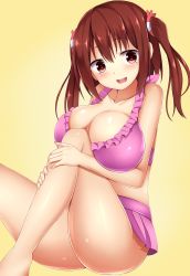 Rule 34 | 10s, 1girl, bare arms, bare legs, between breasts, bikini, bikini skirt, blush, breasts, brown hair, cleavage, collarbone, ebina nana, female focus, himouto! umaru-chan, huge breasts, knees to chest, knees to chest, large breasts, looking at viewer, open mouth, pink bikini, red eyes, simple background, sitting, solo, swimsuit, two side up, yahiro (anhnw), yellow background