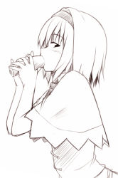 Rule 34 | 1girl, alice margatroid, blush, capelet, eating, ehoumaki, fellatio, food, from side, greyscale, hair intakes, hairband, holding, holding food, looking at viewer, makizushi, monochrome, nirap, oral, profile, sexually suggestive, short hair, simulated fellatio, solo, sushi, touhou, upper body