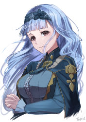 Rule 34 | 1girl, absurdres, artist name, black eyes, blue capelet, blue dress, blue hair, blue hairband, blunt bangs, breasts, capelet, center frills, closed mouth, commentary request, cropped torso, dress, fire emblem, fire emblem: three houses, fire emblem warriors: three hopes, floating hair, frills, hairband, highres, lace hairband, light smile, long hair, long sleeves, looking at viewer, marianne von edmund, medium breasts, nintendo, official alternate costume, official alternate hairstyle, own hands together, simple background, smile, solo, ta1sh1, very long hair, wavy hair, white background