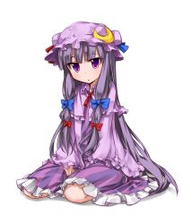 Rule 34 | 1girl, :&lt;, capelet, crescent, dress, female focus, hair ribbon, hat, highres, long hair, long sleeves, looking at viewer, moegi nenene, patchouli knowledge, purple dress, purple eyes, purple hair, ribbon, simple background, sitting, solo, striped clothes, striped dress, touhou, tress ribbon, v arms, very long hair, white background, wide sleeves