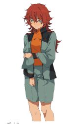 Rule 34 | 1girl, asticassia school uniform, blue eyes, bodysuit, bodysuit under clothes, closed mouth, dated, expressionless, green shorts, gundam, gundam suisei no majo, hair between eyes, highres, jacket, knees, long hair, long sleeves, looking at viewer, orange bodysuit, red hair, school uniform, shorts, suletta mercury, takatisakana, thick eyebrows, white background