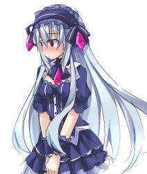 Rule 34 | 1girl, blush, bow, breasts, fairy fencer f, frills, hairband, himajin (starmine), lolita hairband, long hair, looking away, red eyes, ribbon, short sleeves, sketch, skirt, small breasts, solo, tiara (fairy fencer f), white hair