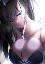 Rule 34 | 1girl, breasts, cleavage, fate/grand order, fate (series), large breasts, lee-taro, light, long hair, looking to the side, morgan le fay (fate), shaded face, shadow, signature, solo, white hair