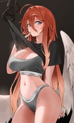Rule 34 | 1girl, absurdres, ahoge, angel wings, bby, blue eyes, blush, closed mouth, clothes lift, commentary, commission, cowboy shot, feathered wings, gradient hair, grey panties, grey sports bra, hair between eyes, highres, long hair, looking at viewer, low wings, multicolored hair, navel, no pants, original, panties, red hair, saito ari (dragoaman), shirt, shirt lift, short sleeves, solo, sports bra, stomach, underwear, white shirt, white wings, wings