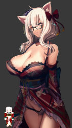 Rule 34 | 1girl, ahoge, animal ears, arm at side, arm behind back, at2., bare shoulders, black-framed eyewear, black background, black bra, black headwear, blunt bangs, bow, bra, breasts, cat ears, cleavage, collarbone, detached sleeves, floral print, frilled kimono, frills, glasses, hair bow, hat, head tilt, highres, japanese clothes, kimono, lace, lace-trimmed bra, lace trim, large breasts, long hair, long sleeves, looking at viewer, minecraft, mini hat, mole, mole on breast, multiple views, open clothes, open kimono, panties, parted lips, print kimono, red bow, red eyes, red kimono, semi-rimless eyewear, silver hair, simple background, sleeves past wrists, thick eyebrows, tsurime, under-rim eyewear, underbust, underwear, white panties