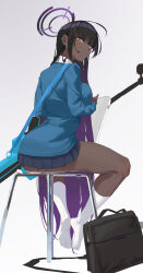 Rule 34 | 1girl, absurdres, alternate costume, anti-materiel rifle, bag, black bag, black hair, blue archive, blue cardigan, blue nails, blue skirt, blunt bangs, breasts, cardigan, collared shirt, commentary, dark-skinned female, dark skin, earrings, from behind, full body, gradient hair, gun, halo, highres, jewelry, karin (blue archive), kneehighs, large breasts, li-mi, long hair, long sleeves, looking at viewer, looking back, miniskirt, multicolored hair, no shoes, on chair, open mouth, parted lips, pleated skirt, purple hair, rifle, school bag, shirt, simple background, sitting, skirt, sleeves past wrists, sniper rifle, socks, solo, stud earrings, thighs, uniform, very long hair, weapon, white background, white socks, yellow eyes