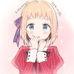 Rule 34 | 1girl, :o, axis powers hetalia, bad id, bad pixiv id, blonde hair, blue eyes, blush, character name, chiri (ch!), dress, hair ribbon, liechtenstein (hetalia), long sleeves, looking at viewer, lowres, open mouth, puffy long sleeves, puffy sleeves, red dress, ribbon, short hair, solo, sparkle, striped clothes, striped dress, upper body, wrist cuffs