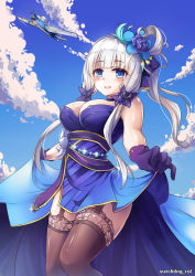 Rule 34 | 1girl, adapted costume, aircraft, airplane, azur lane, bare shoulders, black thighhighs, blue eyes, blue sky, blush, breasts, brown thighhighs, cleavage, clothes lift, cloud, cloudy sky, commentary request, day, dress, from below, garter straps, gloves, hair ornament, hair rings, hat, highres, illustrious (azur lane), illustrious (never-ending tea party) (azur lane), large breasts, lifted by self, long hair, looking at viewer, low twintails, military, military vehicle, mole, mole under eye, outdoors, purple dress, purple gloves, skirt, skirt lift, sky, smile, solo, thighhighs, twintails, watchdog rol (y1104280730), white hair
