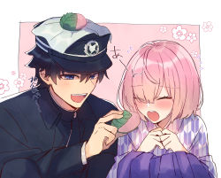 Rule 34 | 1boy, 1girl, black hair, black headwear, black jacket, blush, breasts, commentary request, fate/grand order, fate (series), floral print, food, fujimaru ritsuka (female), fujimaru ritsuka (female) (walking in the spring breeze), fujimaru ritsuka (male), fujimaru ritsuka (male) (walking in the spring breeze), hair over one eye, hakama, hakama skirt, hat, highres, jacket, japanese clothes, kimono, light purple hair, long sleeves, looking at viewer, mash kyrielight, official alternate costume, open mouth, pink background, purple eyes, purple hair, short hair, skirt, smile, teeth, upper teeth only, wasa (pixiv29582664), white background