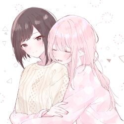 Rule 34 | 1girl, 1other, akiyama mizuki, blush, bob cut, brown eyes, brown hair, brown sweater, closed mouth, commentary request, couple, hair down, highres, hug, hug from behind, inverted bob, k0noe, knit sweater, long hair, long sleeves, medium hair, open mouth, pink hair, pink sweater, project sekai, shinonome ena, sidelocks, smile, sweater, upper body