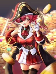 Rule 34 | 1girl, bandages, between fingers, black hat, black thighhighs, blurry, blurry foreground, blush, breasts, cleavage, coin, collarbone, eyepatch, gold, hal (stsff), hat, highres, holding, hololive, houshou marine, large breasts, long hair, looking at viewer, one eye covered, see-through, see-through cleavage, solo, tagme, thighhighs, thighs, treasure, virtual youtuber, yellow eyes