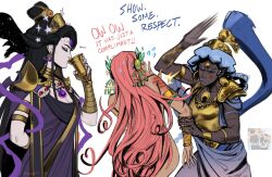 Rule 34 | 3girls, ancient greek clothes, anger vein, annoyed, aphrodite (hades), arm behind back, arm grab, armband, athena (hades), black hair, blue hair, blue lips, breasts, cleavage, closed eyes, commentary, cup, dark-skinned female, dark skin, drinking, english commentary, english text, flying sweatdrops, grace kim (ryuuna), greco-roman clothes, hades (series), hades 1, hair censor, highres, hitting, holding, holding cup, jewelry, mature female, medium breasts, multiple girls, nude, nyx (hades), pink hair, pink nails, profile, purple nails, reference inset, simple background, skull ornament, slap mark, v-shaped eyebrows, very dark skin, white background