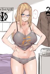 Rule 34 | ..., 1girl, group name, bangs pinned back, bare shoulders, bed, bed sheet, belly grab, blonde hair, blue eyes, breasts, brown jacket, camisole, cleavage, collarbone, commentary, cowboy shot, curvy, dream theater, english commentary, glasses, grey tank top, hair ornament, hairclip, hangar, highres, holding stomach, indoors, inne sensei, inne sulistya robin, jacket, large breasts, long hair, love handles, midriff, navel, norman maggot, original, panties, parted lips, periphery (band), pinching, plump, poster (object), sidelocks, solo, spaghetti strap, spoken ellipsis, standing, sweatdrop, tank top, teacher, underwear, weight conscious
