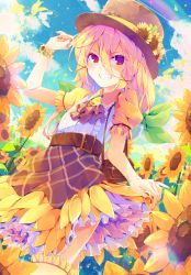 Rule 34 | 1girl, arm up, bag, belt, bracelet, clothes lift, day, dennryuurai, flower, hair ribbon, hat, highres, jewelry, lifted by self, lolita fashion, long hair, looking at viewer, nail polish, original, puffy short sleeves, puffy sleeves, ribbon, short sleeves, skirt, skirt lift, smile, solo, standing, sunflower