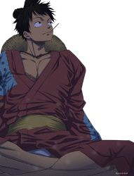 Rule 34 | 1boy, alternate hairstyle, black eyes, black hair, facial scar, hat, highres, japanese clothes, kimono, looking up, pectoral cleavage, male focus, monkey d. luffy, official alternate costume, one piece, pectorals, pinattsu, red kimono, scar, scar on cheek, scar on face, short hair, sitting, solo, straw hat, toned, toned male, white background